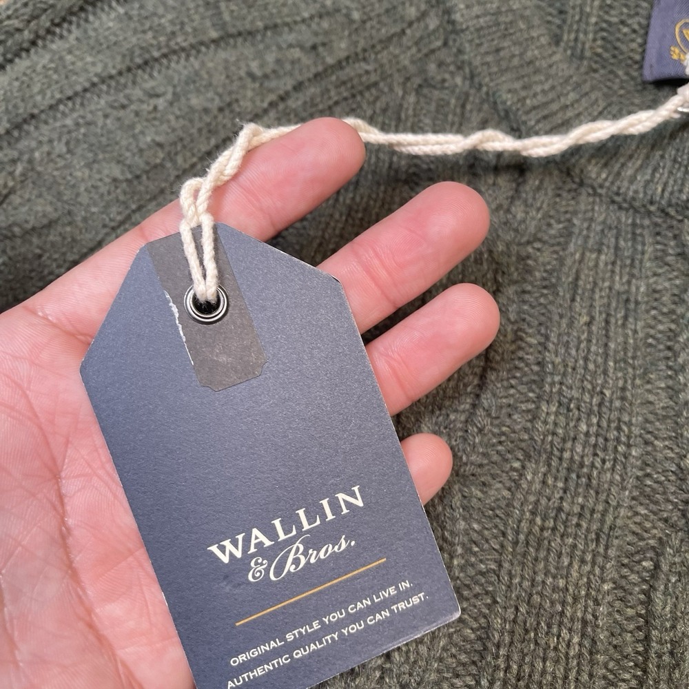 Wallin & Bros Sweater Mens Medium Green Crewneck 100% Lambswool Cable Knit New - Picture 4 of 10